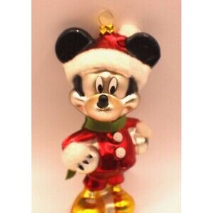 Disney Blown Glass 5" Mickey Mouse Flocked Ornament Green Felt Scarf